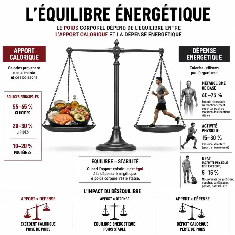 Schéma explicatif du déficit calorique et de l'équilibre énergétique pour la perte de poids