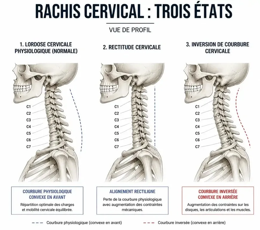 Schéma anatomique comparatif de la lordose cervicale normale, de la rectitude et de l'inversion de courbure.
