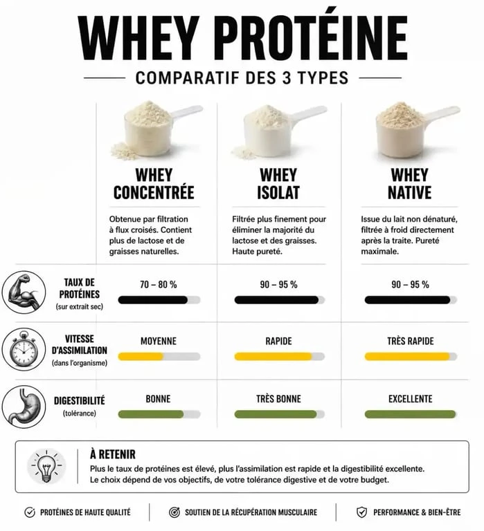 Comparatif des types de whey protéine : concentrée, isolat et native pour choisir la meilleure whey