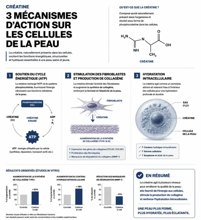 Infographie expliquant les effets bénéfiques de la créatine sur la peau, le collagène et l'hydratation cellulaire.