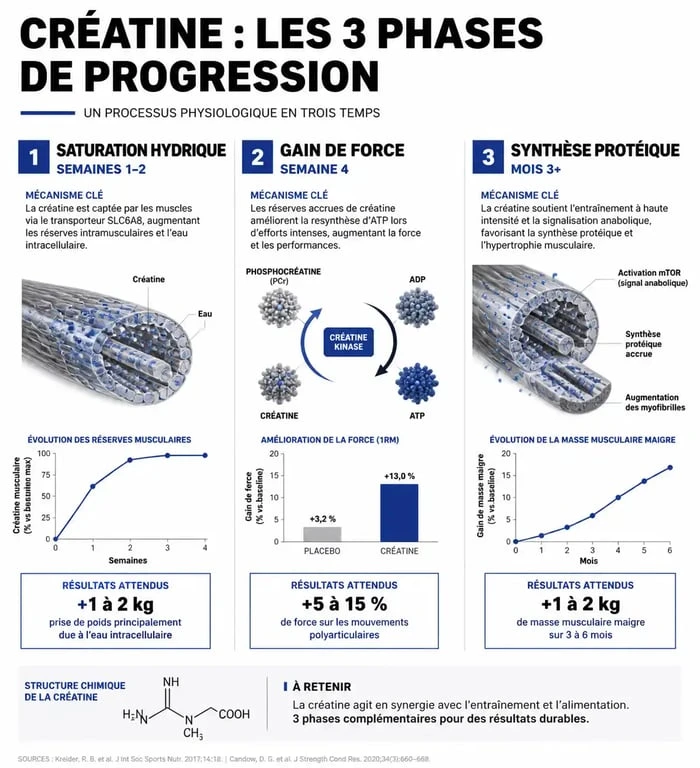 Infographie des effets de la créatine avant après sur la transformation physique et musculaire
