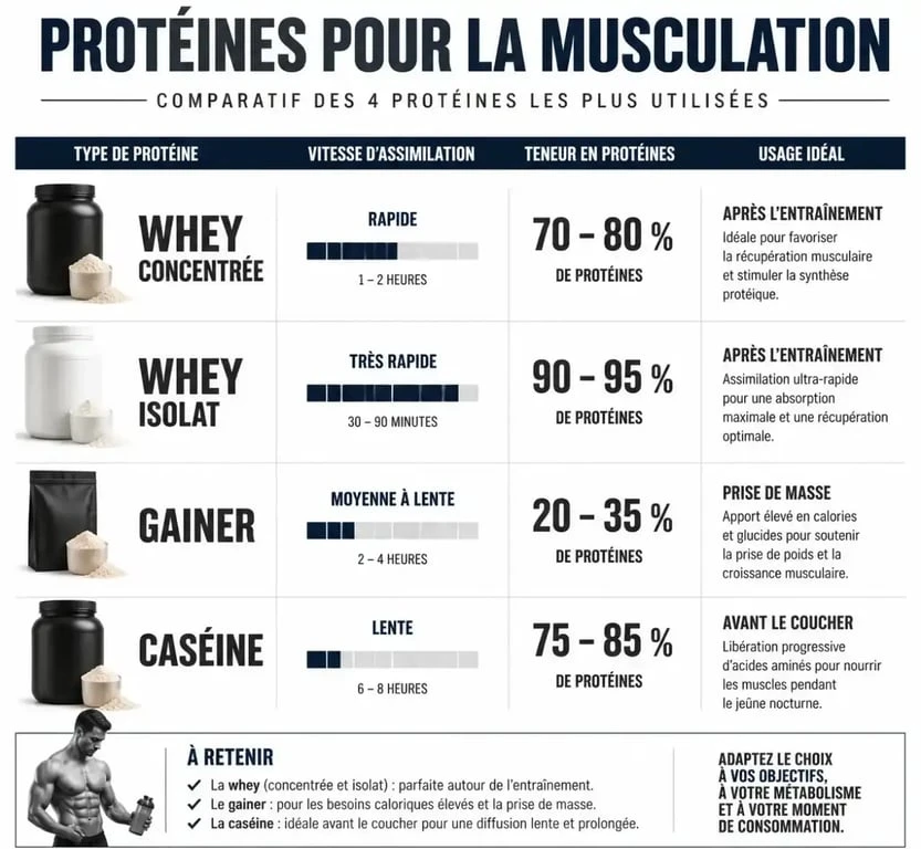 Comparatif des meilleures protéines pour la prise de masse musculaire : whey, isolat, gainer et caséine
