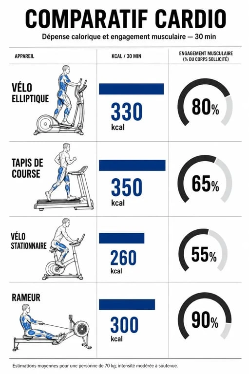 Infographie comparative des bénéfices et calories brûlées pour 30 minutes de vélo elliptique par rapport aux autres appareils de cardio