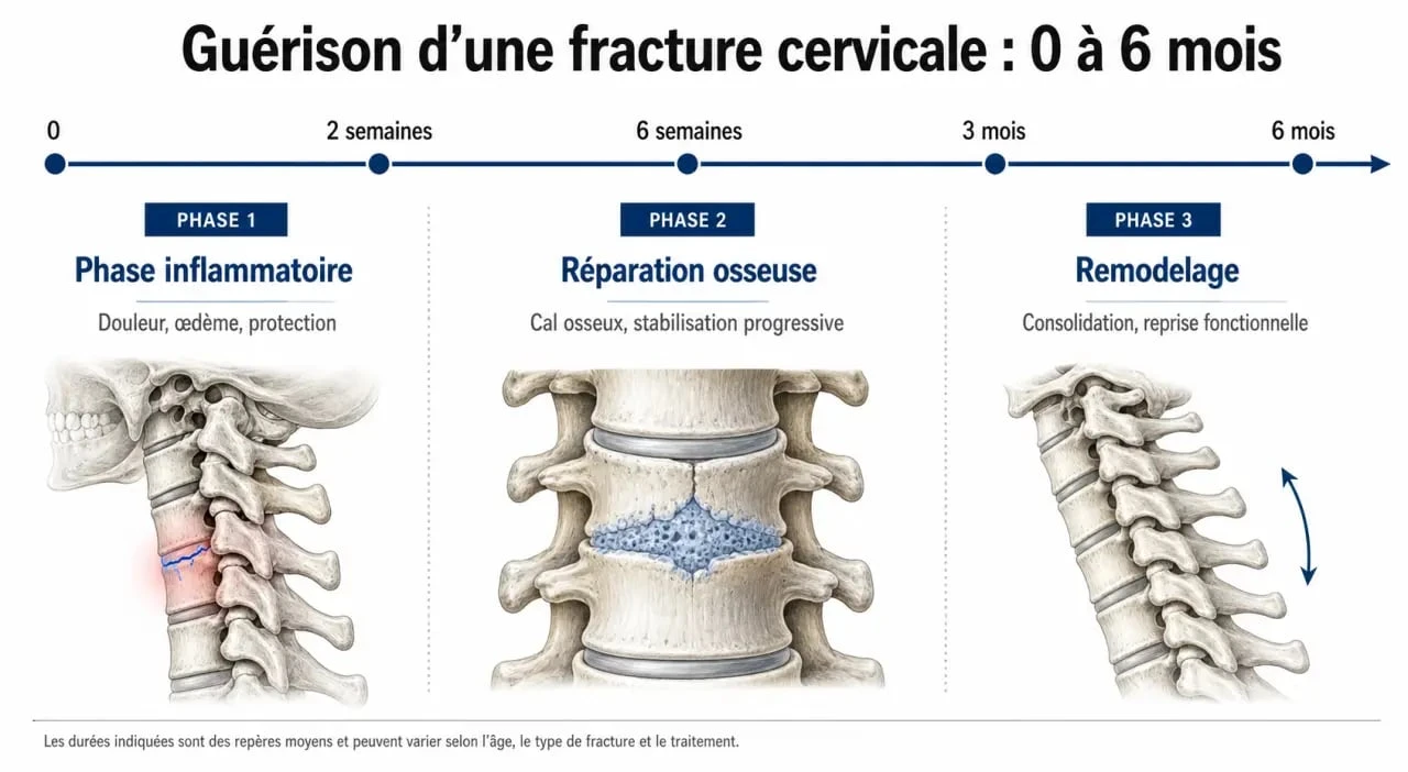 Infographie des étapes de guérison d'une fracture cervicale sur 6 mois