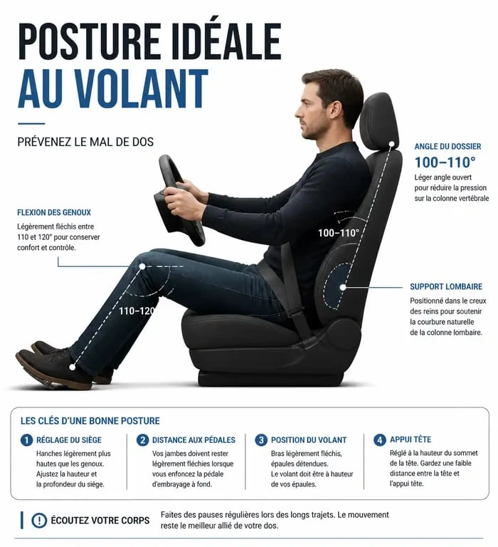 Schéma de la posture idéale au volant pour éviter le mal de dos et voiture