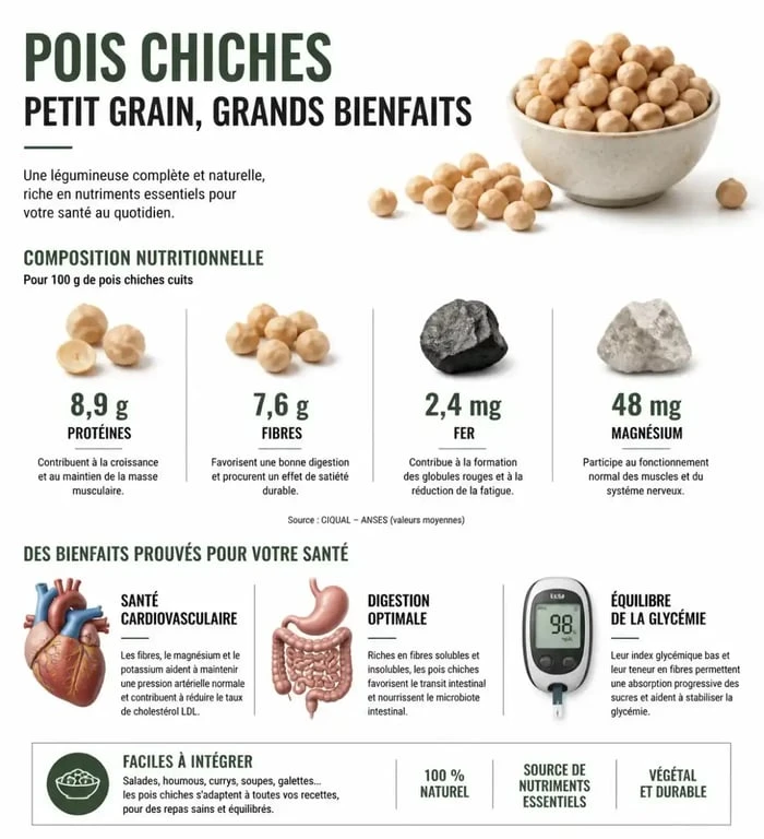 Infographie des bienfaits nutritionnels et santé des pois chiches