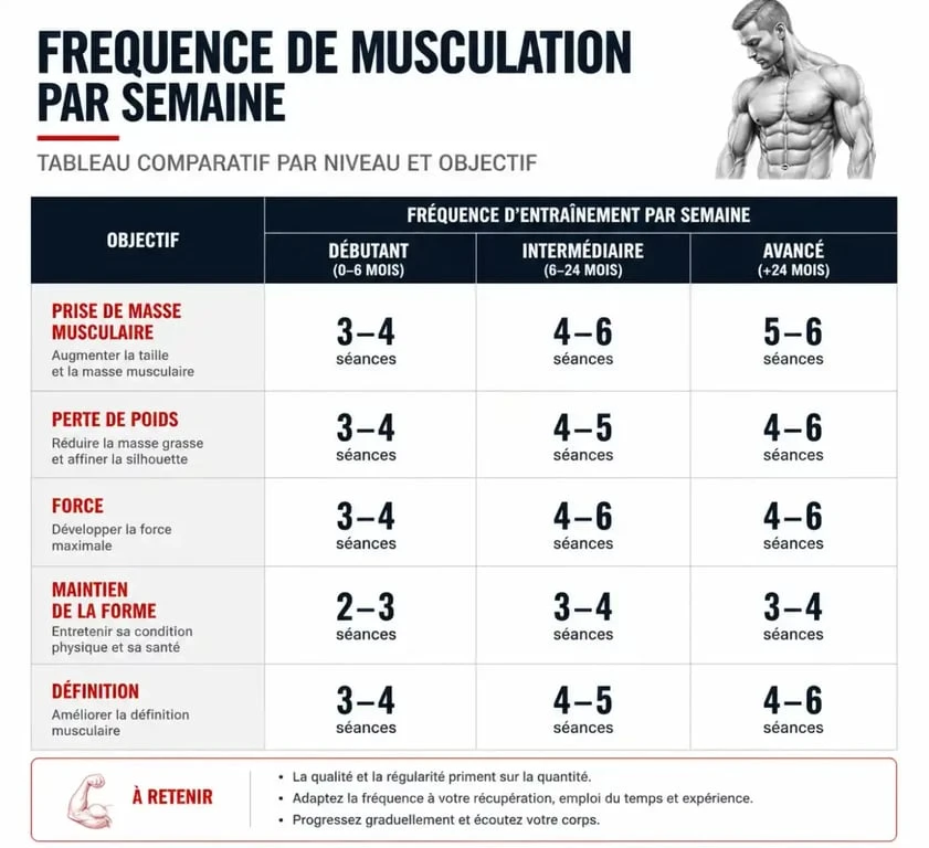 Tableau récapitulatif de la fréquence idéale de musculation par semaine selon le niveau et les objectifs