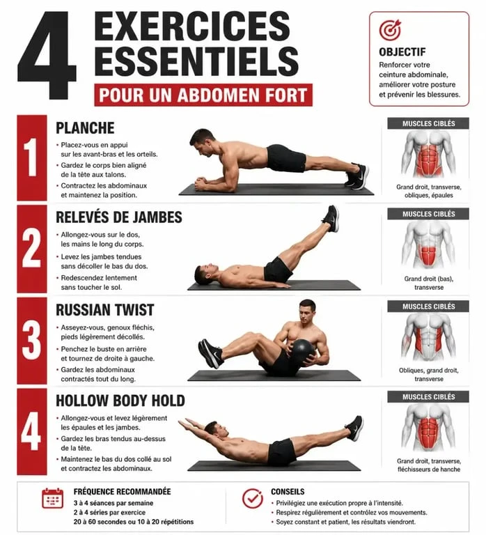 Infographie des 4 exercices fondamentaux pour avoir des abdos rapidement