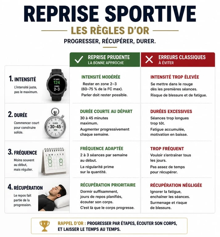 Infographie sur les règles d'or pour une reprise sportive sans se blesser après une période d'arrêt