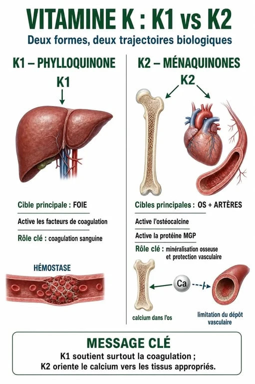Infographie sur les bienfaits et rôles des aliments riches en vitamine K1 et K2 pour la santé