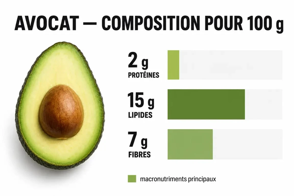 Infographie des valeurs nutritionnelles de l'avocat : protéines, fibres et lipides pour 100g
