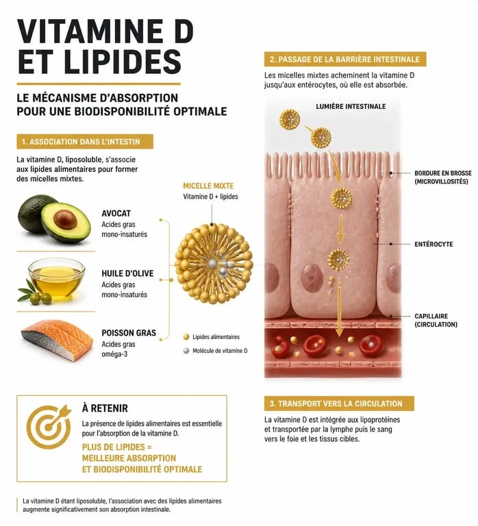 Infographie expliquant l'absorption optimale de la vitamine D avec les lipides pour comprendre pourquoi prendre la vitamine D le soir.