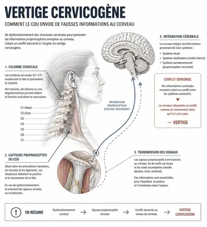 Schéma explicatif du mécanisme des vertiges cervicaux et de la proprioception