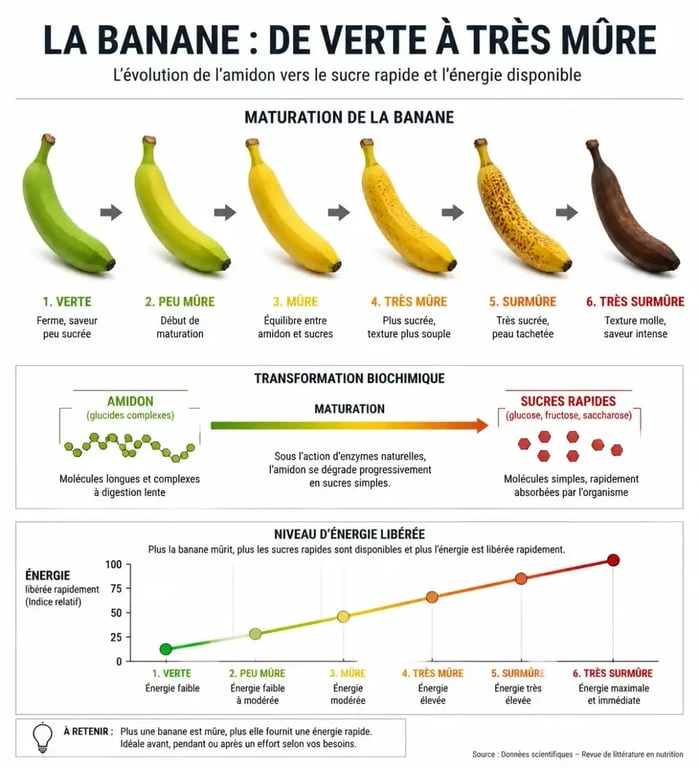 Infographie sur la maturité de la banane et son impact sur l'énergie avant le sport