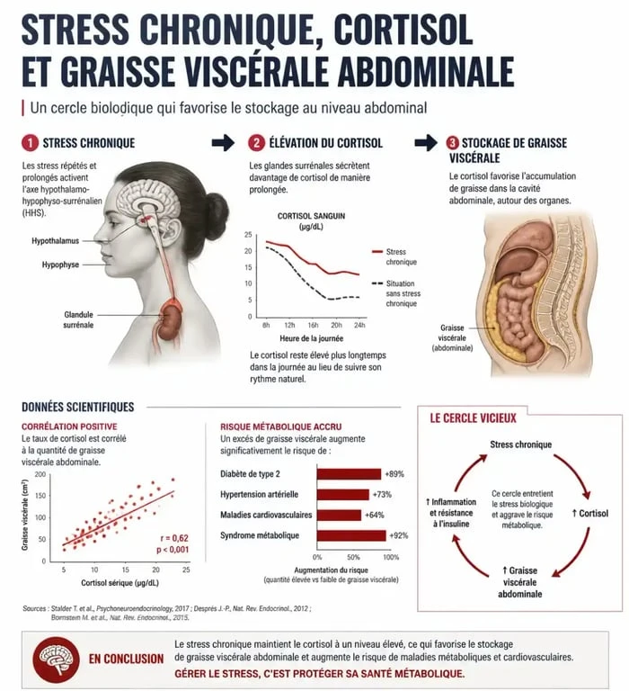 Schéma explicatif du lien entre taux de cortisol élevé et ventre gonflé