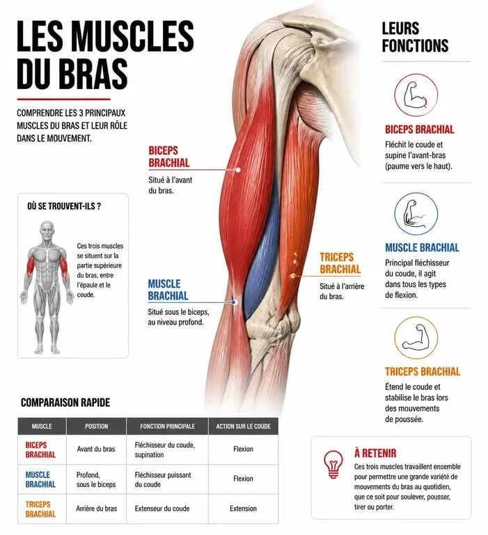 Schéma anatomique des muscles du bras pour avoir des gros bras en 1 mois