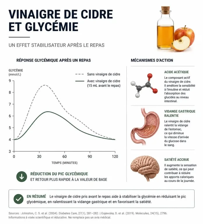 Infographie expliquant le mécanisme d'action du vinaigre de cidre pour la perte de poids et la régulation de la glycémie