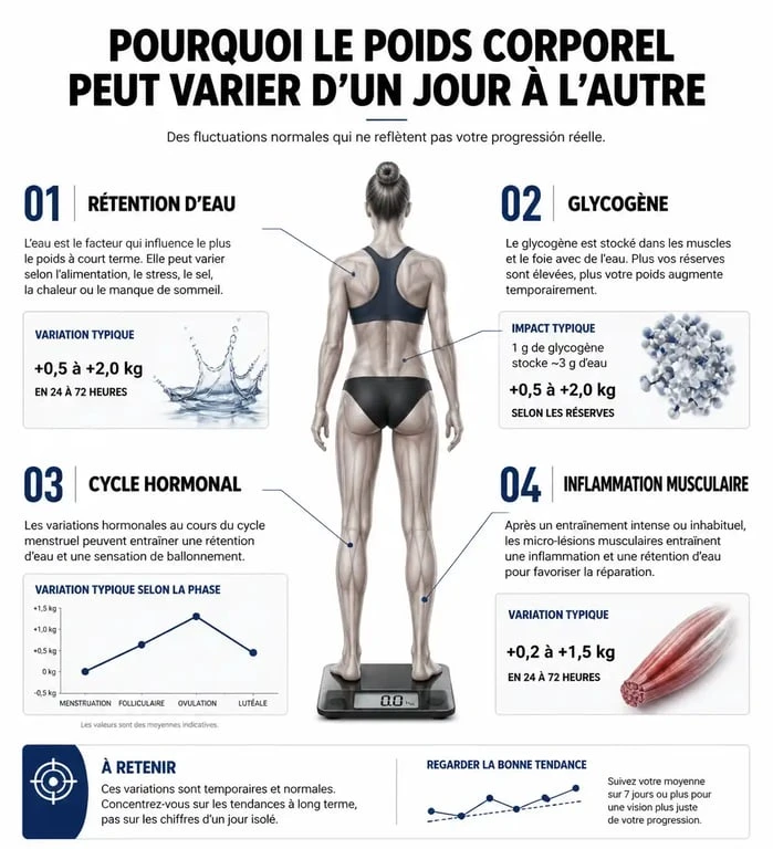 Infographie expliquant les causes de la variation du poids quotidien : eau, sel, hormones et sport.