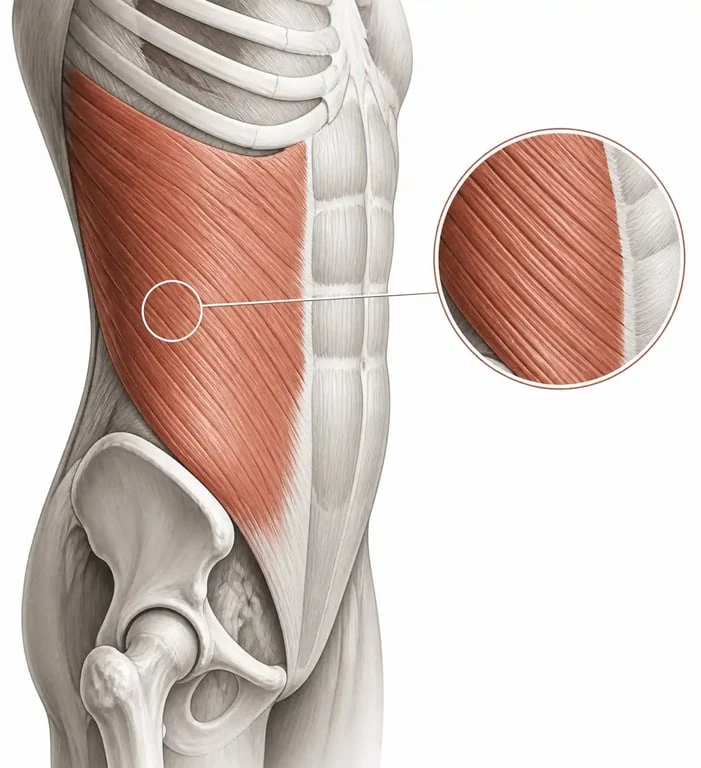 Schéma anatomique du muscle oblique externe de l'abdomen montrant son orientation et sa position sur le tronc.