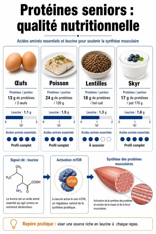 Infographie des aliments riches en protéines pour personnes âgées et leurs bienfaits musculaires
