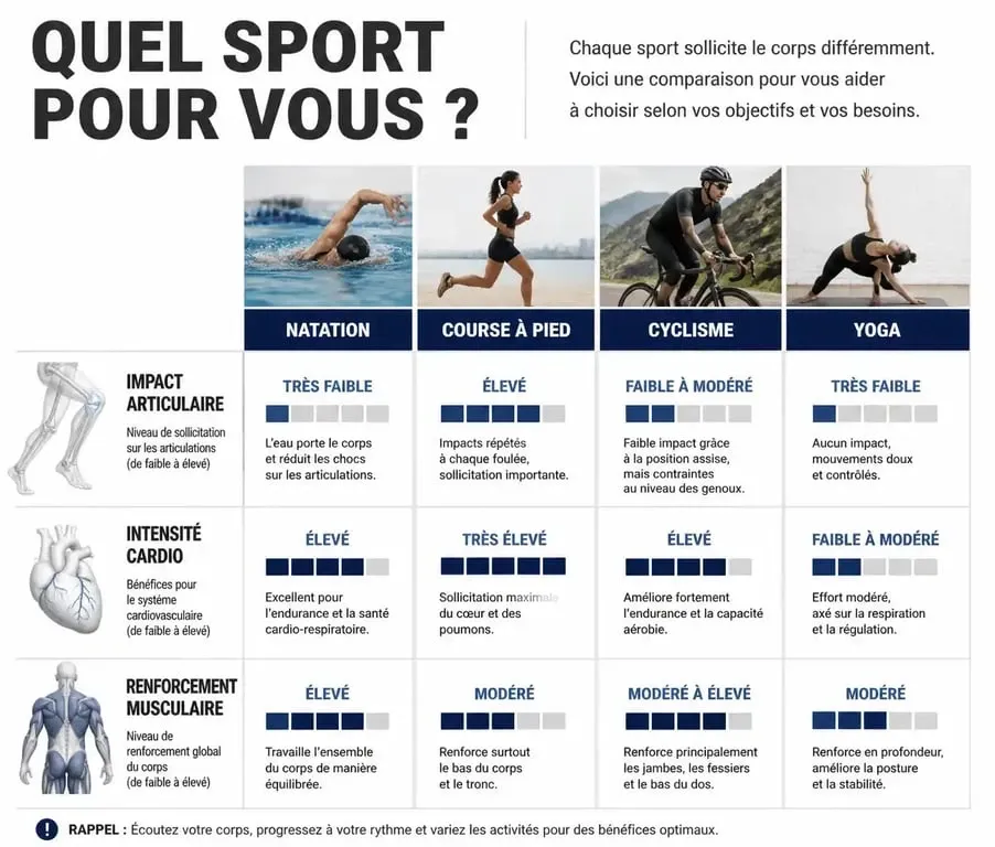 Infographie comparative des bénéfices santé des meilleurs sports : natation, course à pied, cyclisme et yoga.