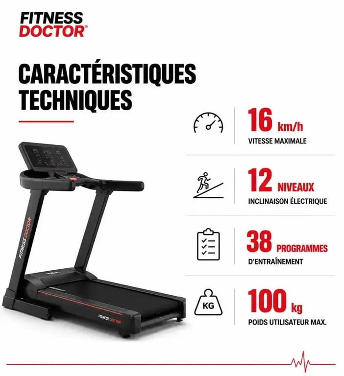 Infographie des caractéristiques techniques du tapis de course Fitness Doctor