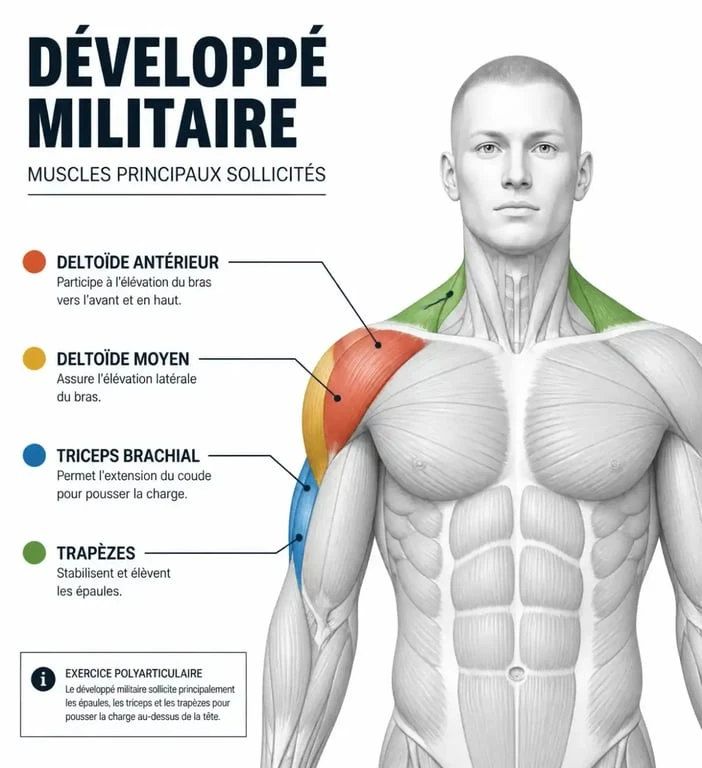 Schéma anatomique des muscles sollicités lors du développé militaire