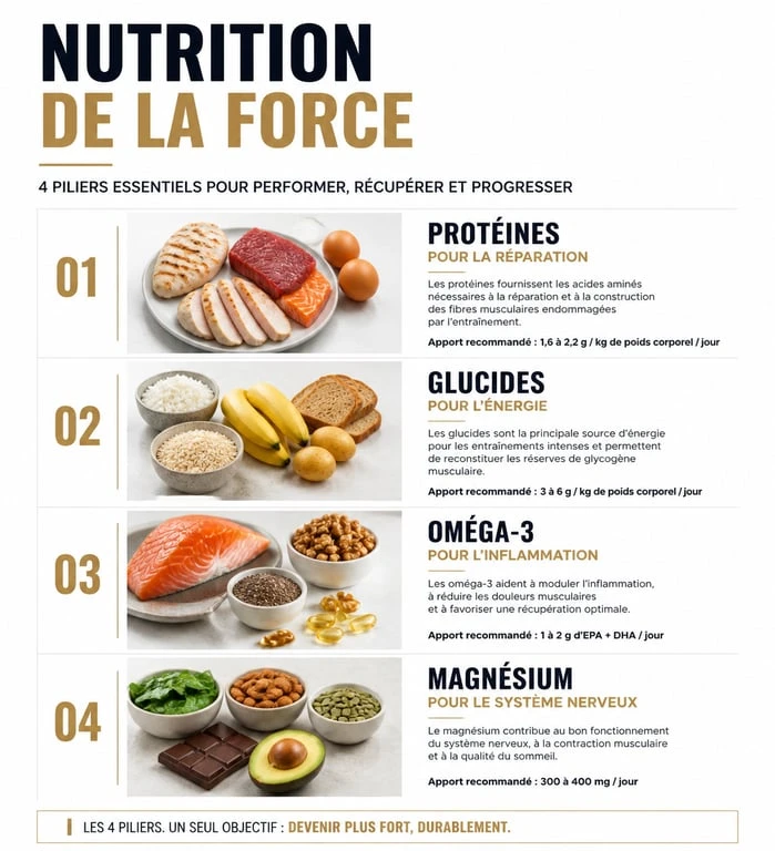 Infographie nutrition de la force : protéines, glucides, oméga-3 et magnésium pour la performance athlétique.