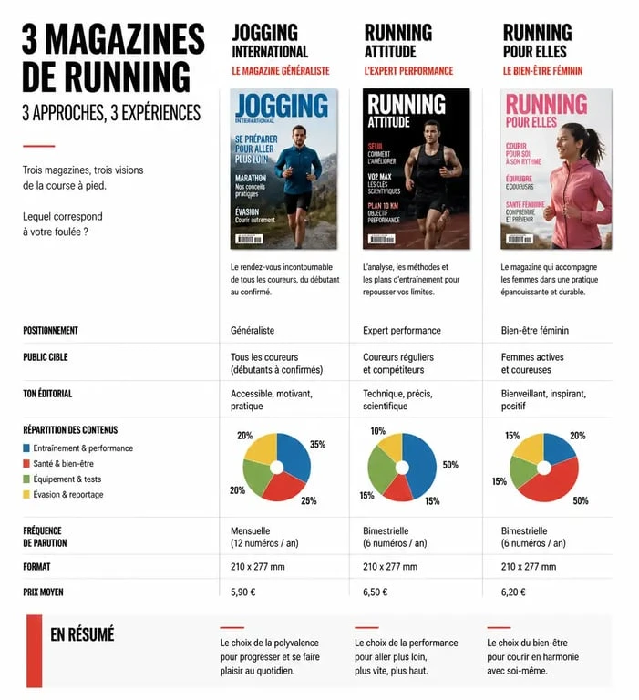 Comparatif des magazines de running : Jogging International, Running Attitude et Running Pour Elles pour choisir sa lecture sportive.