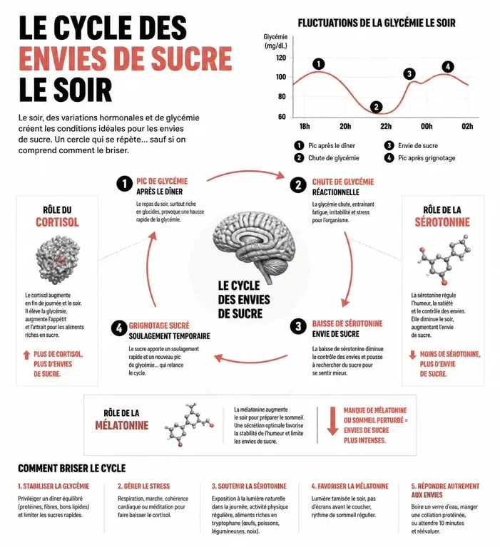 Infographie expliquant les causes physiologiques de l'envie de sucre le soir