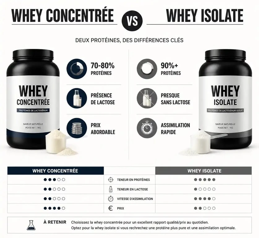Infographie comparative des différences nutritionnelles entre la whey concentrée et la whey isolate pour le sport.