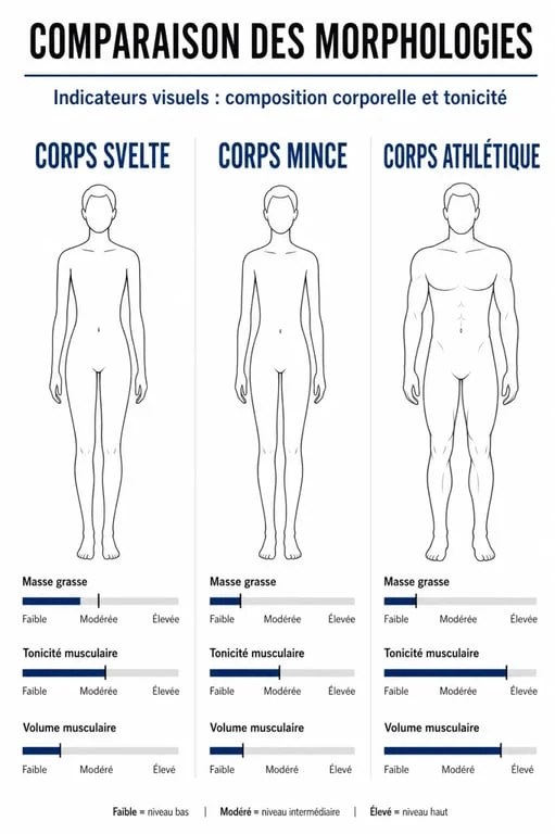 Comparaison visuelle entre un corps svelte, un corps mince et un corps athlétique pour comprendre les nuances de la silhouette.