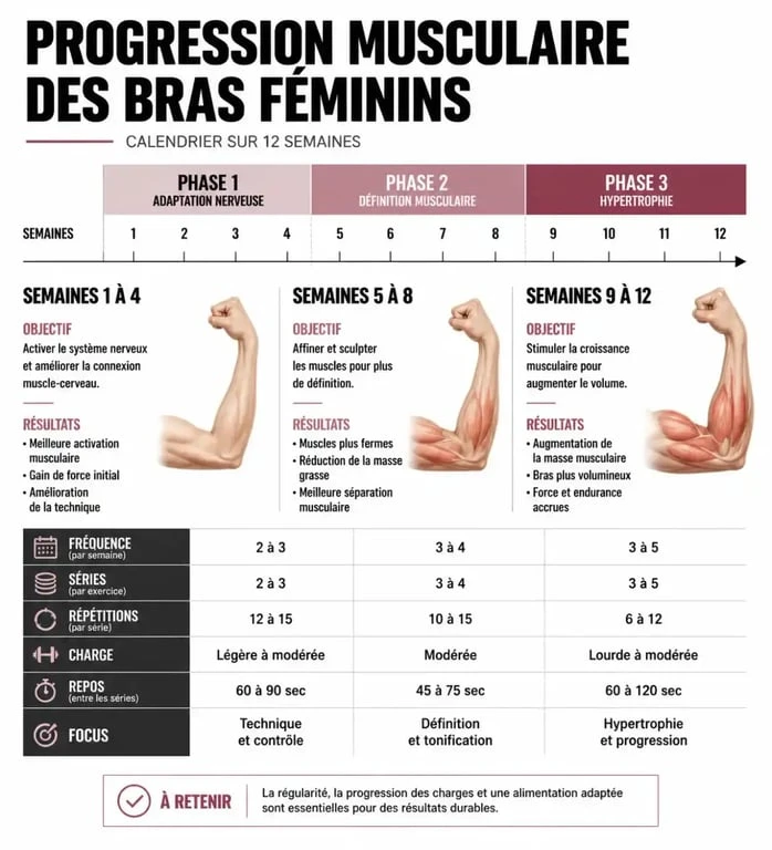 Calendrier de progression pour muscler ses bras femme : étapes de 4 à 12 semaines