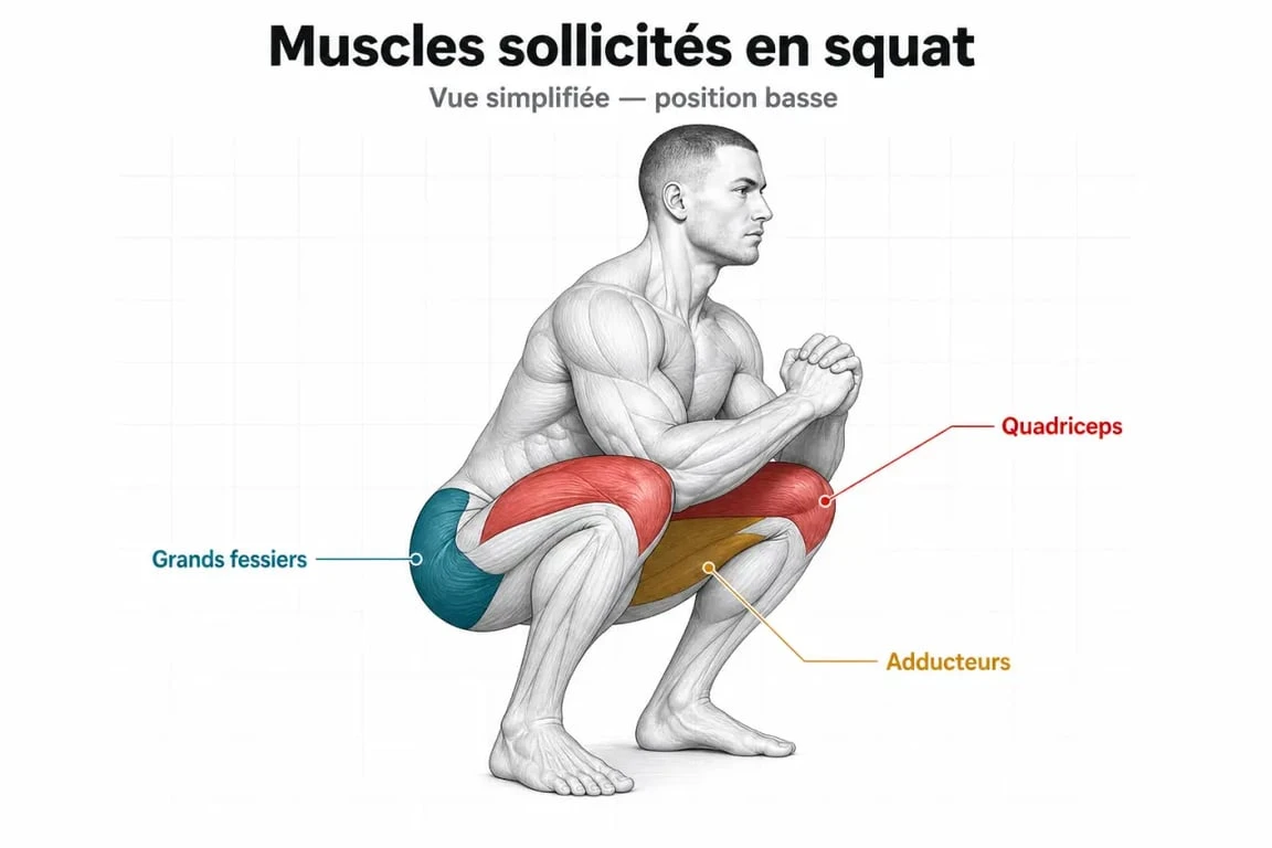 Schéma des muscles travaillés lors du squat : quadriceps, fessiers et adducteurs