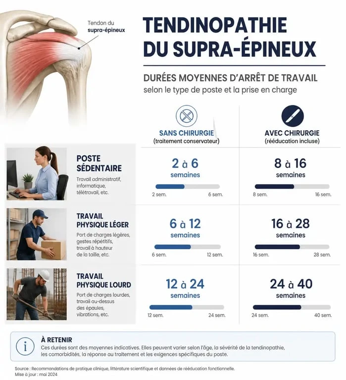 Infographie des durées d'arrêt maladie pour une tendinopathie du supra-épineux selon le type d'activité professionnelle