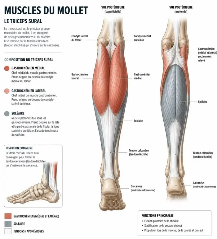 Schéma anatomique des muscles du mollet : triceps sural, gastrocnémiens et soléaire