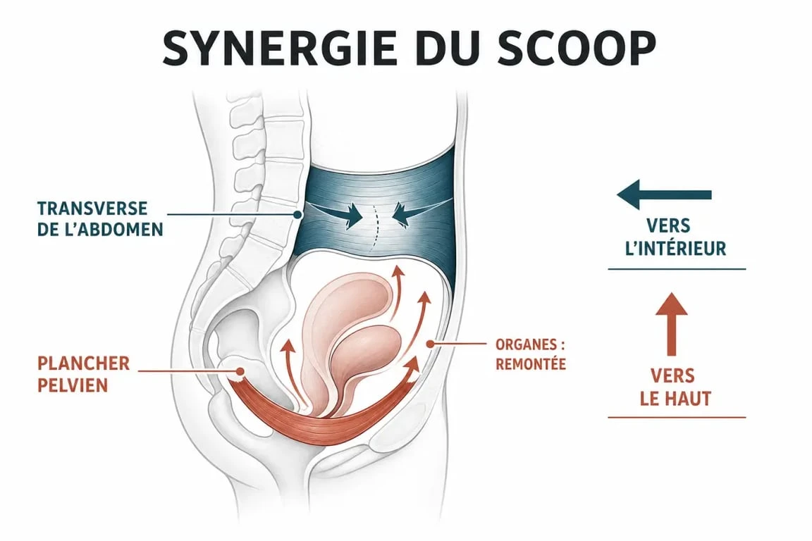 Schéma explicatif du mouvement de scoop en kinésithérapie périnéale montrant l'engagement du plancher pelvien et du transverse