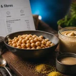 Les bienfaits des pois chiches : bol de pois chiches, houmous, tahini et graines de cumin