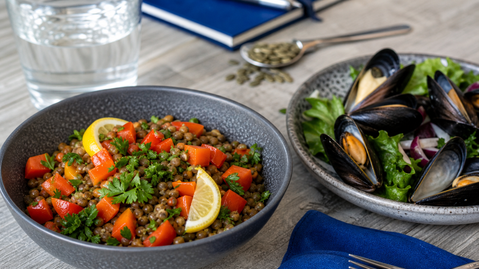 Aliment pour manque de fer : lentilles et moules avec vitamine C