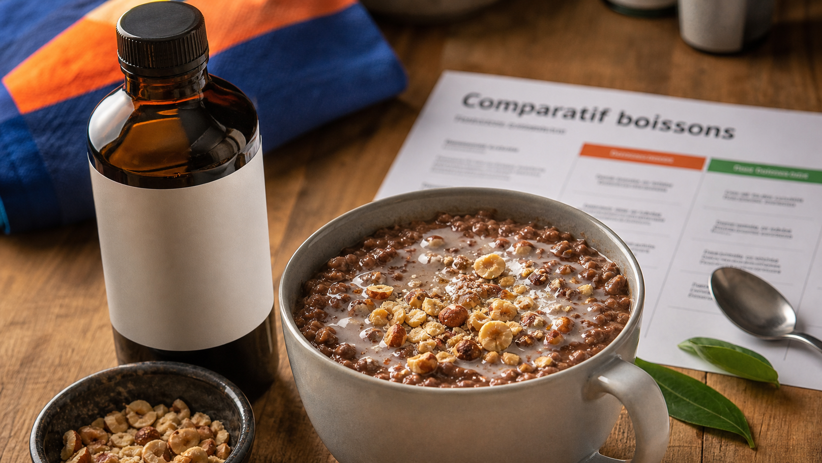 Bienfait du lait de noisette : porridge sans lactose, noisettes et bouteille