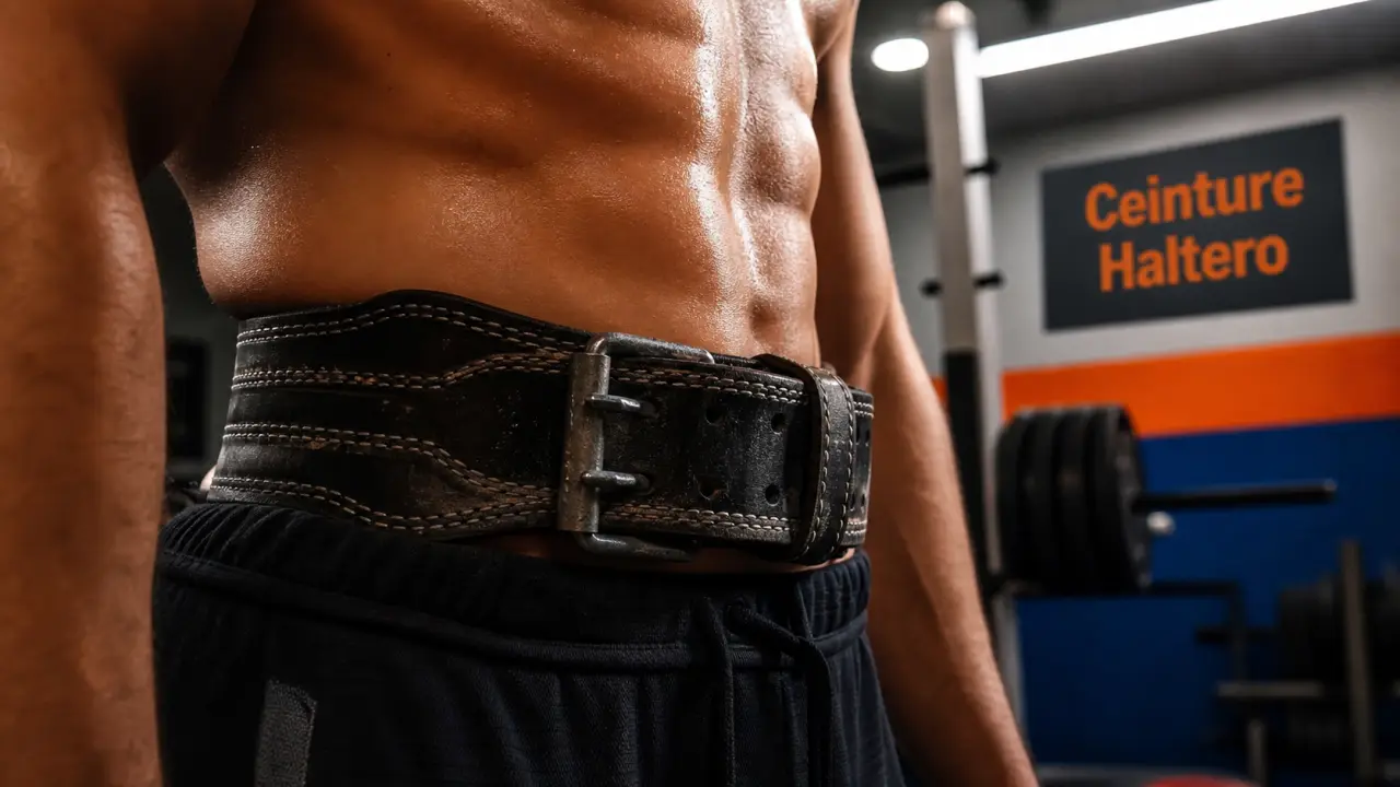 Ceinture haltero en cuir vue en salle de musculation, prête pour deadlift