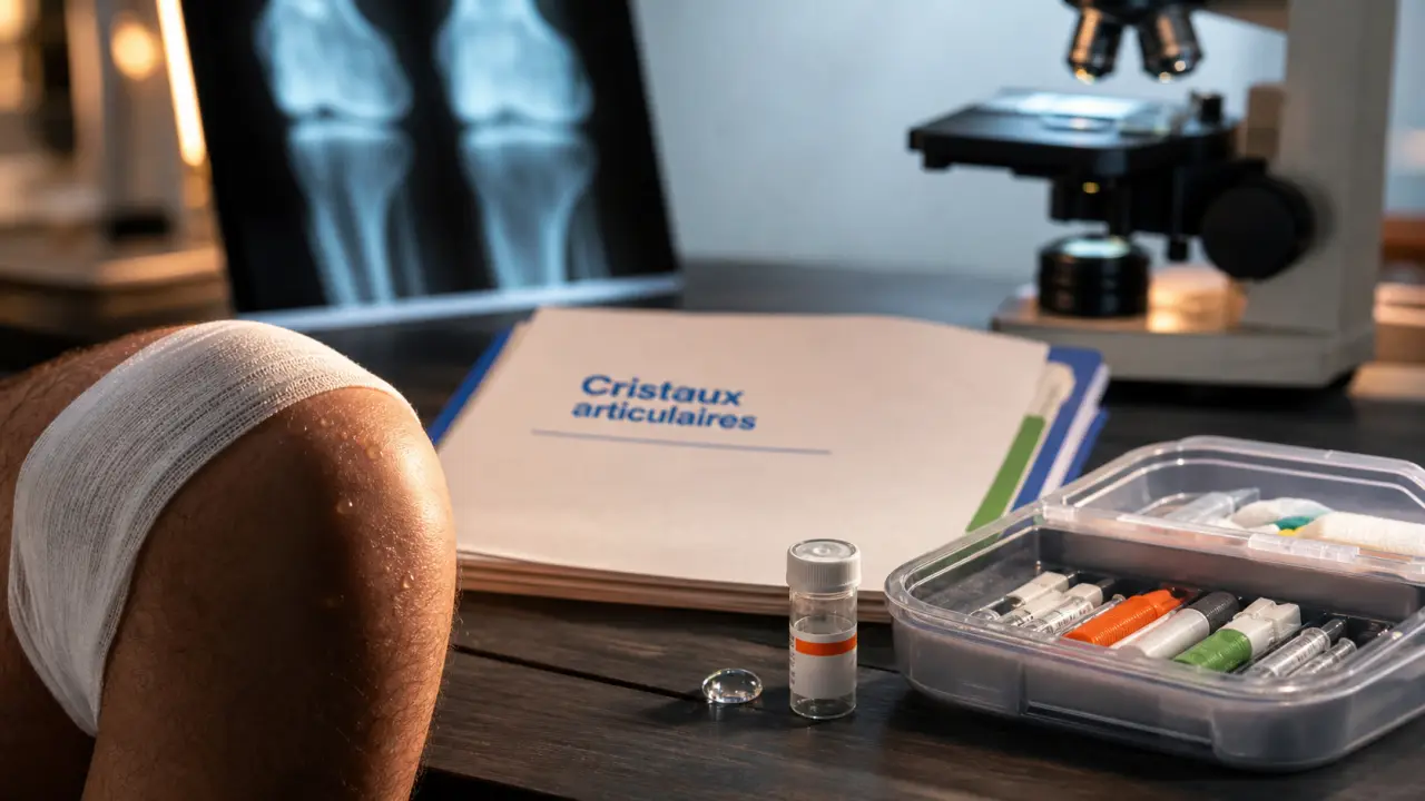 Cristaux dans articulations : goutte, chondrocalcinose, pseudogoutte (photo clinique)