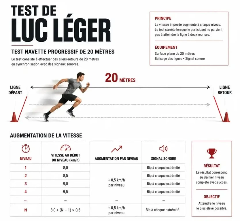 Infographie du protocole et des paliers du test de Luc Léger