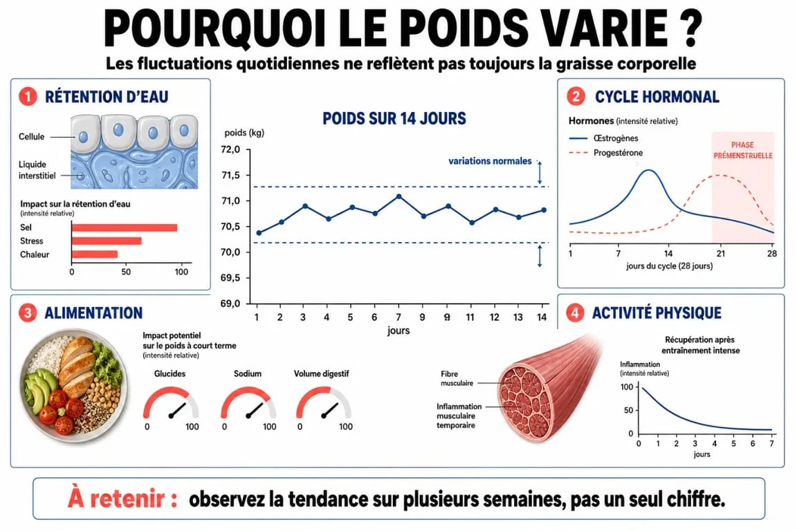 Infographie expliquant les facteurs de variation du poids corporel : pourquoi se peser tous les jours fait grossir est un mythe.