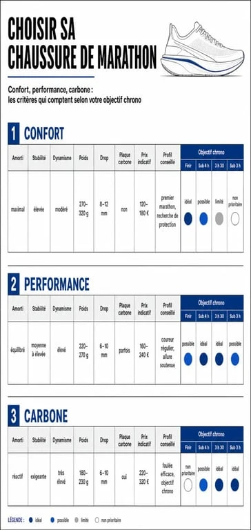 Infographie comparant une chaussure pour marathon selon l’amorti, la stabilité, le dynamisme et la plaque carbone