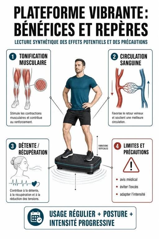 Infographie sur les bienfaits plateforme vibrante : tonification, circulation, détente et précautions