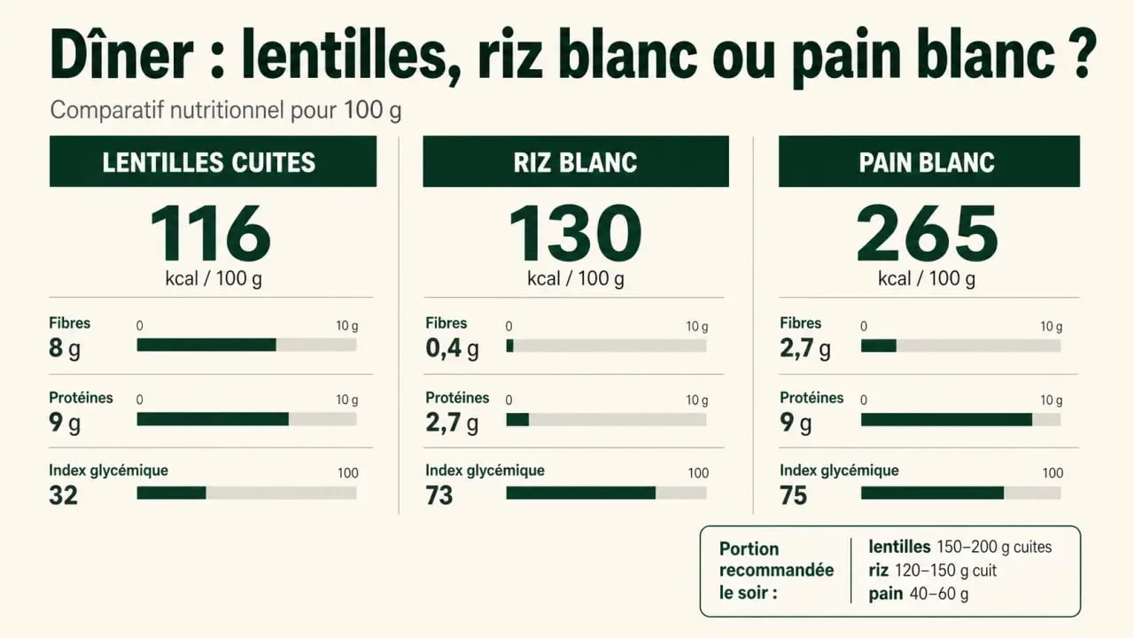 Manger des lentilles le soir fait grossir ? Comparatif nutritionnel des lentilles cuites, du riz blanc et du pain blanc