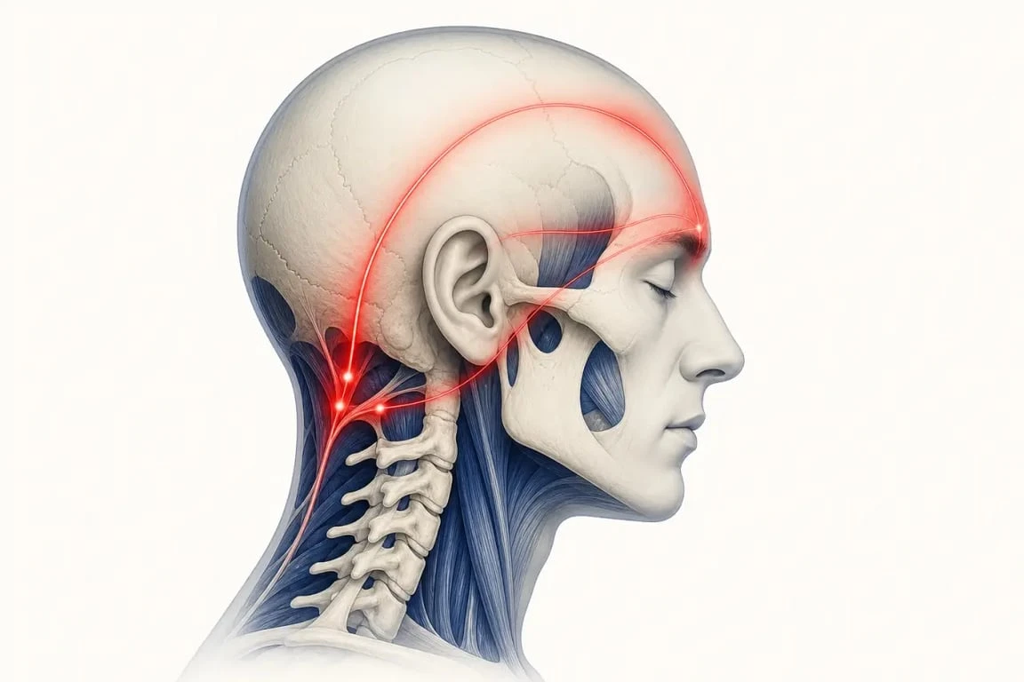 Schéma expliquant le lien entre maux de tête et cervicales avec douleur projetée depuis la nuque vers le crâne