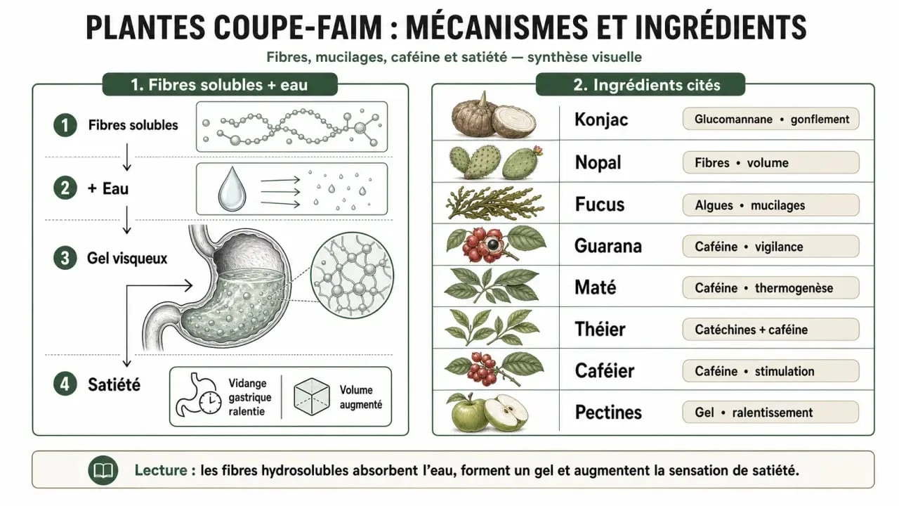 Plante coupe faim : schéma comparatif des fibres, de l’eau et de la satiété