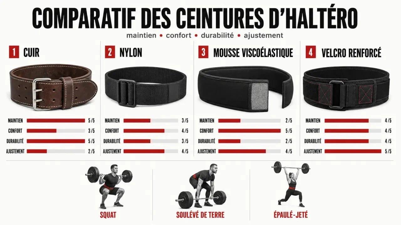 Comparatif visuel de ceinture haltero en cuir, nylon, viscoélastique et velcro renforcé